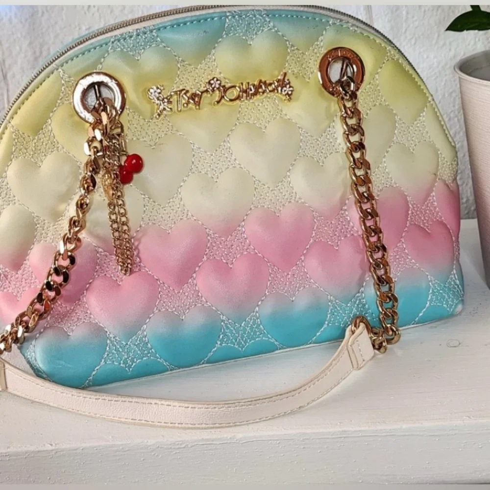 EUC Betsy Johnson Quilted Rainbow Heart Shoulder Bag Cherry Bag Charm In… - Picture 1 of 9